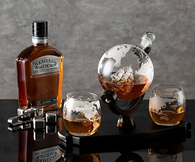 Whiskey Globe Decanter Set with 2 Etched Globe Glasses in Gift Box - Home Bar Accessories for Liquor, Whiskey, Brandy, Gin, Rum, Tequila, Vodka, and Brandy