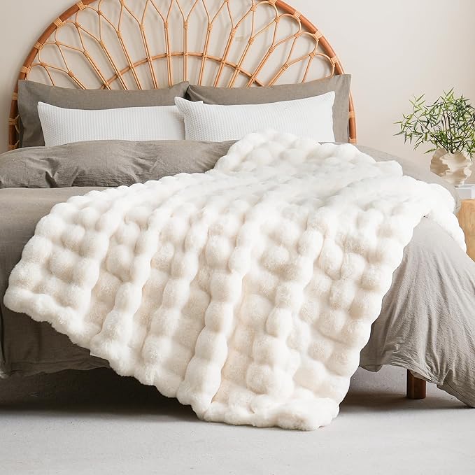 BENVWE Faux Fur Throw Blanket for Couch Bed - Fluffy Soft Thick Bubble Blanket for Living Room Home Decor - Mothers Day Birthday Gifts for Women, Cream White, 63" x 80"
