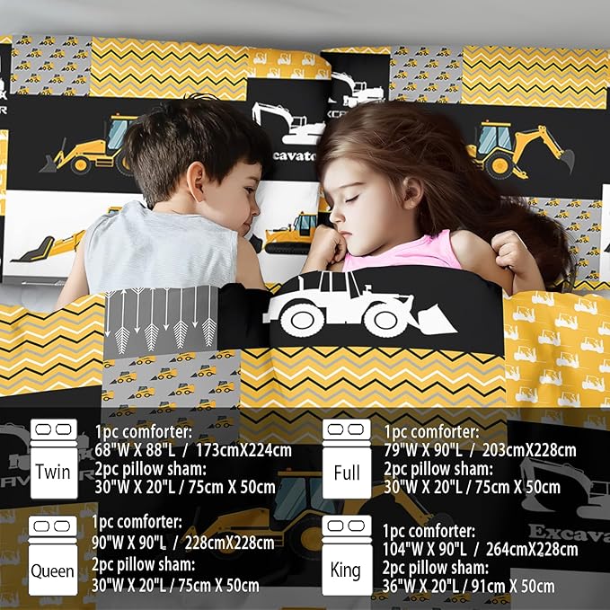 Construction Comforter Set King Boys,Yellow King Construction Bedding Set,Engineering Vehicles Comforter Yellow Bedroom Decor Kids,Truck Quilt Cartoon Truck Bedding for Teen