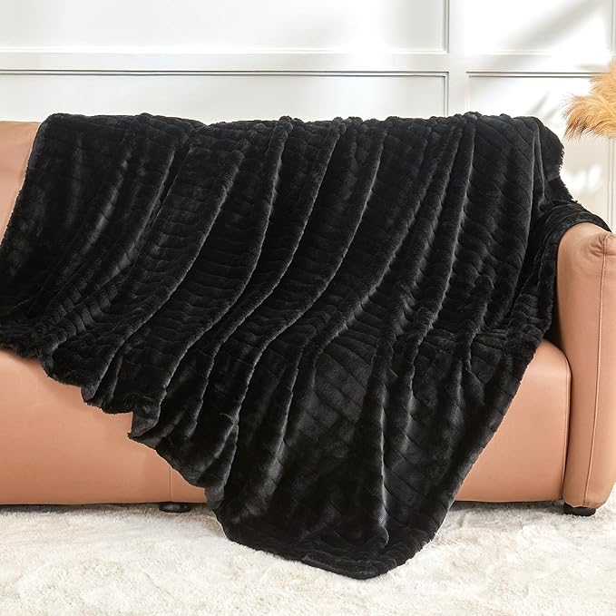 BEDELITE Faux Fur Throw Blanket for Couch, Soft and Cozy 3D Ribbed Fluffy Blanket, Thick Warm Plush Fuzzy Faux Rabbit Fur Blanket for Women Gift (Black, 50"x 60")