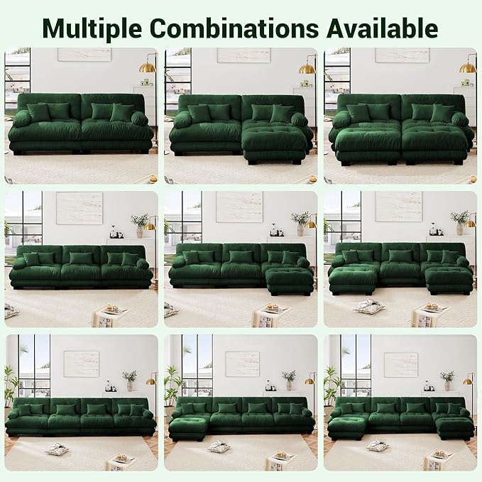 Modular Sectional Sofa, Comfy Cloud Couch Oversized Loveseat, Sectional Couches for Living Room, Modern Chenille Couch for Bedroom, Sleeper Deep Seat Sofa with Throw Pillows, Green