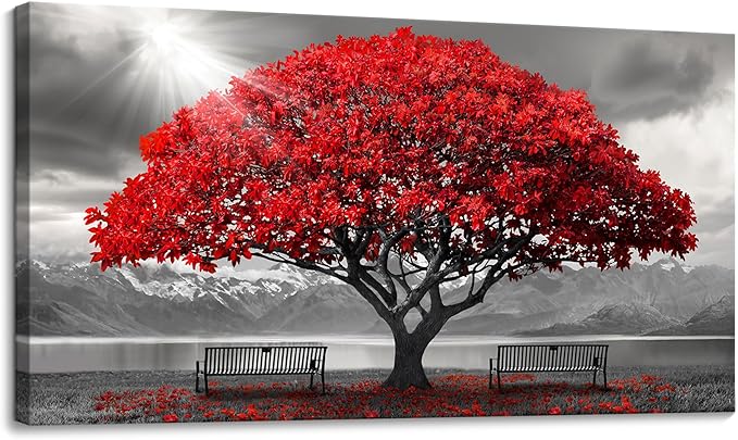 AJAZIKO Red Wall Art - Modern Framed Wall Art for Living Room - Red Tree Black and White Landscape Canvas Prints Posters & Prints for Home Office Bedroom Decorations - Large Wall Pictures 24×48IN