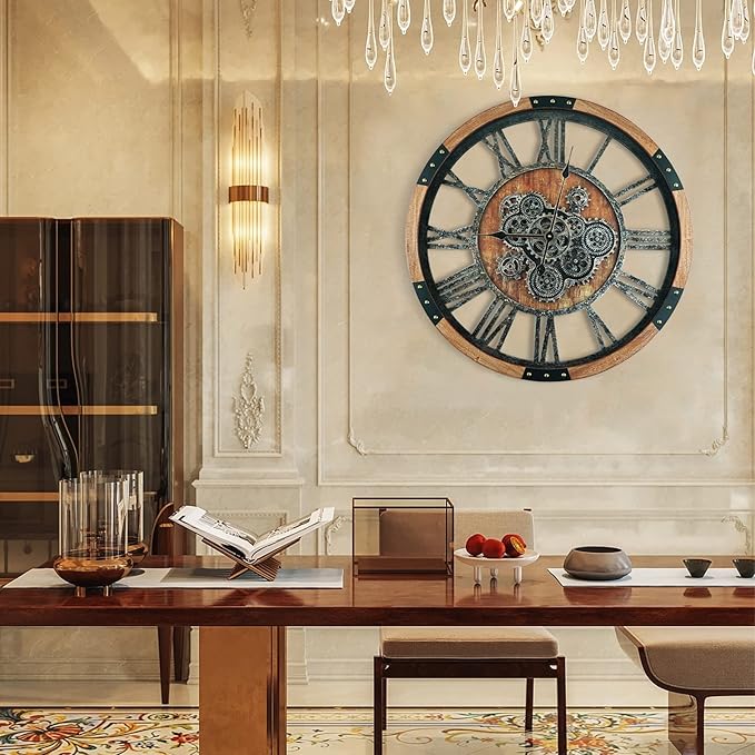 24 Inch Moving Gear Wall Clock, Oversized Wall Clocks, Clock Living Room Decor, Solid Wood Frame, Battery Operated, Large Wall Clock with Steampunk Industrial for Fireplace(Brown)