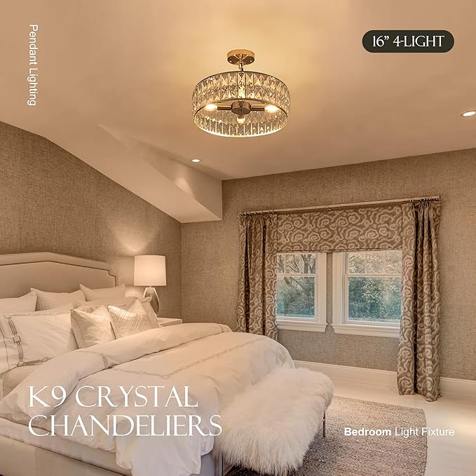 16โ 4-Light Modern Crystal Chandeliers Nickel Dinning Room Light Fixture, Round Pendant Light Kitchen Island Chandelier, Flush Mount Ceiling Light for Living Room Entryway Bedroom Foyer