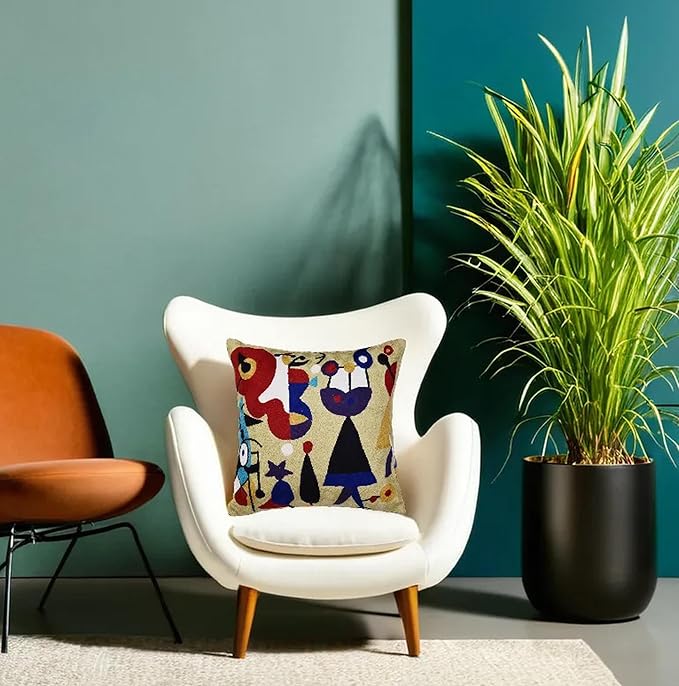 Abstract Decorative Pillow Cover Hand Embroidered Whimsical Toss Pillows Farmhouse Chair Cushion Contemporary Pillowsham Mid-Century Chair Cushions Wool Size 18x18