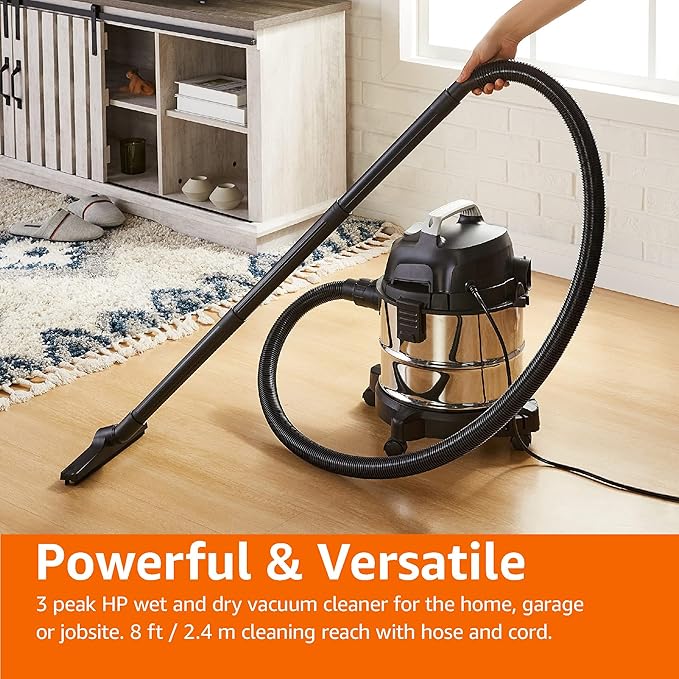 Amazon Basics Wet Dry Vacuum Cleaner, 4 gallon Shop, 3 HP Stainless Steel, Grey/Black