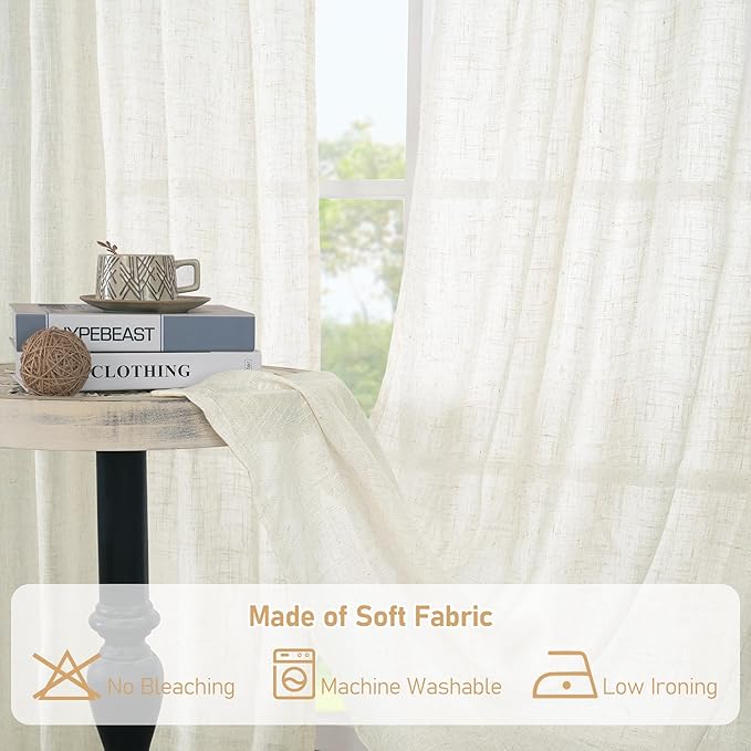 LAMIT Linen Curtains 108 Inches Long for Living Room, Bronze Grommet Linen Textured Sheer Curtains Light Filtering Panels for Boho Farmhouse, 2 Panels, 52 x 108 Inch, Cream