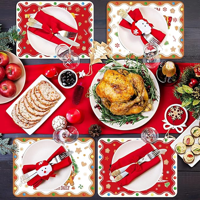 Christmas Placemats Set of 6 Christmas Retro Gingerbread Plastic Table Mats Xmas Bakery Gingerbread House Place Mats Winter Holiday Table Decoration for Indoor Outdoor Party Kitchen Dining