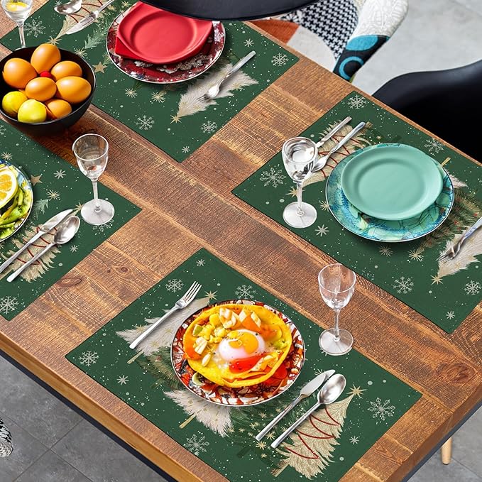 Green Christmas Tree Placemats Set of 4, 12x18 Inch Xmas Trees Snowflakes Winter Holiday Place Mats Seasonal Washable Linen Table Mats for Indoor Outdoor Kitchen Dining Party Décor