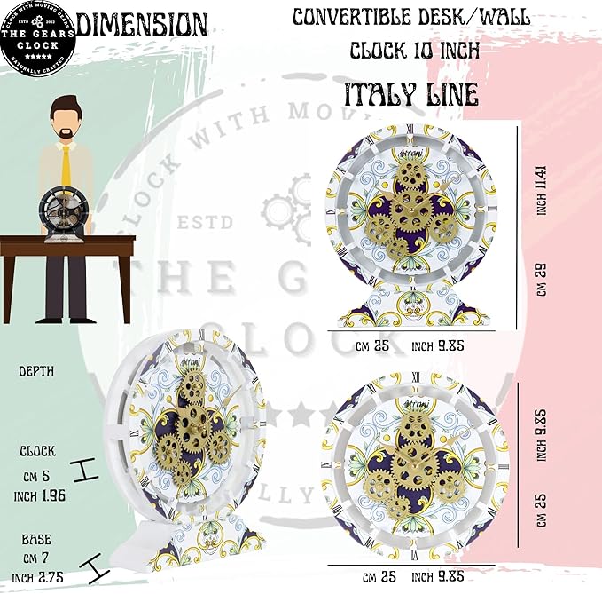 The Gears Clock Wall Clock Italy Collection with Moving Gears (Vietri, 10 inch Round)