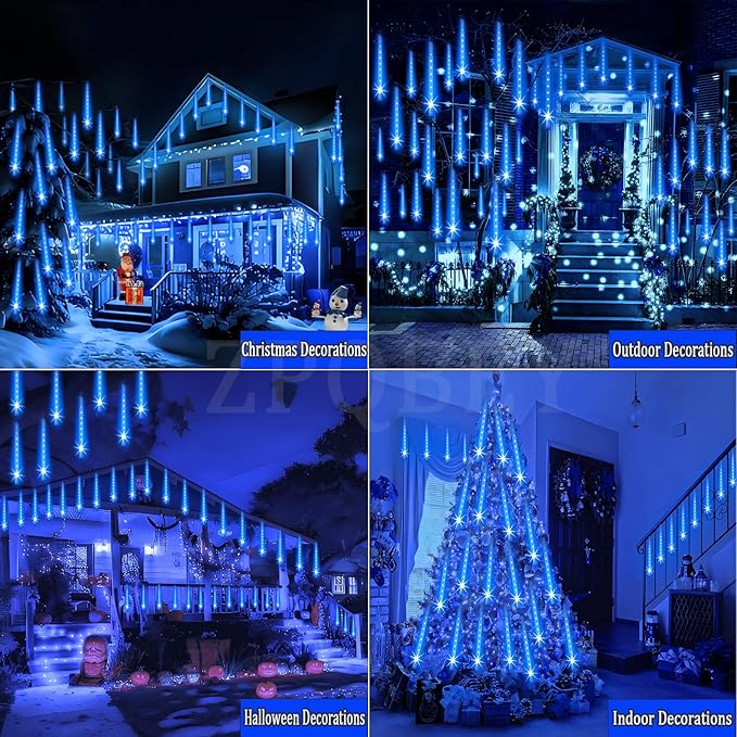Christmas Lights Outdoor Meteor Shower Lights 24-Tube 576LEDs Snow Falling Rain Cascading Icicle Light for Xmas Tree Christmas Decorations Wedding Party Holiday Garden Decor, UL Plug Blue