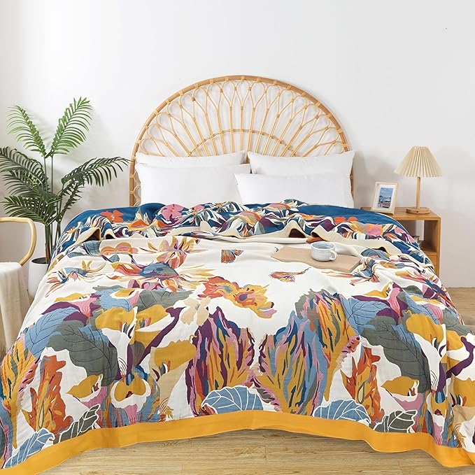 Boho Throw Blanket for Bed - 100% Pure Cotton Ultra Soft Rustic Quilt - Farmhouse Decor Bed Blankets, All Season Rustic Throw for Sofa Couch Chair(60"×80", Floral)