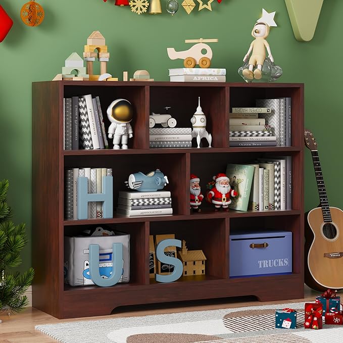 Book Shelf Set of 2, 8 Cubes Storage Organizer, 3-Tier Open Shelf Wooden Bookcase, Freestanding Cherry Bookshelf Cube Shelf for Bedroom, Living Room, Home Office