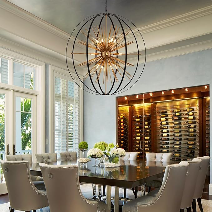 43.3" Black Gold 18-Light Globe Sputnik Chandelier Modern Adjustable Hanging Ceiling Firework Pendant Light Fixture for Entryway Foyer Stairway Kitchen Dining Living Room Hallway