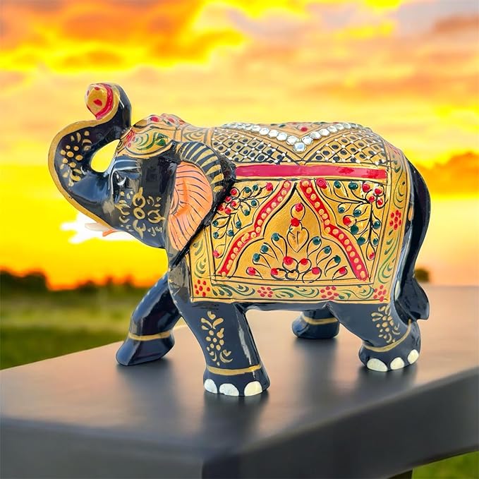 Handcrafted Wooden Elephant Figurine โ Traditional Artwork, Gold & Gemstone Embellishments โ Lucky Decorative Elephant Statue for Prosperity | Beautiful Elefantes Decorativos para Sala (Black & Gold)