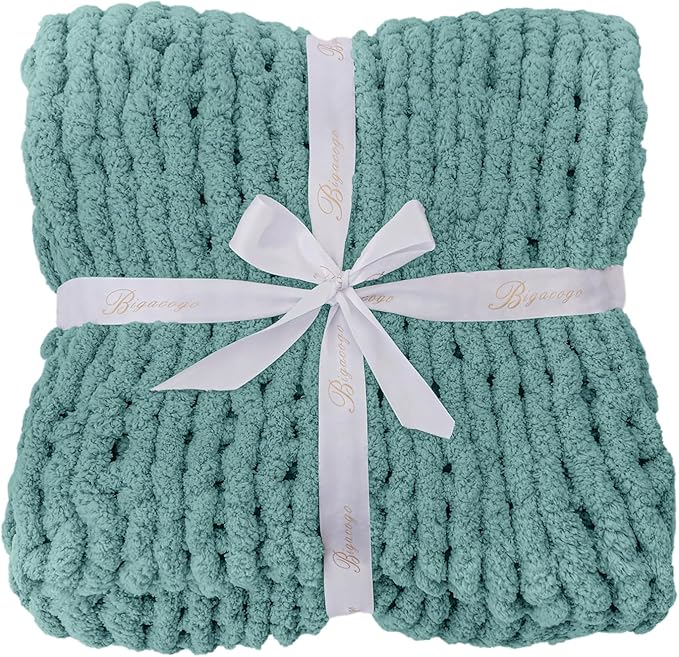 Bigacogo Chunky Knit Throw Blanket for Couch, 40x60 inches, 100% Hand Knitted with Thick Jumbo Chenille Yarn, Cozy Soft Large Rope Knot Cable Crochet Blankets for Sofa Bed Living Room, Light Teal