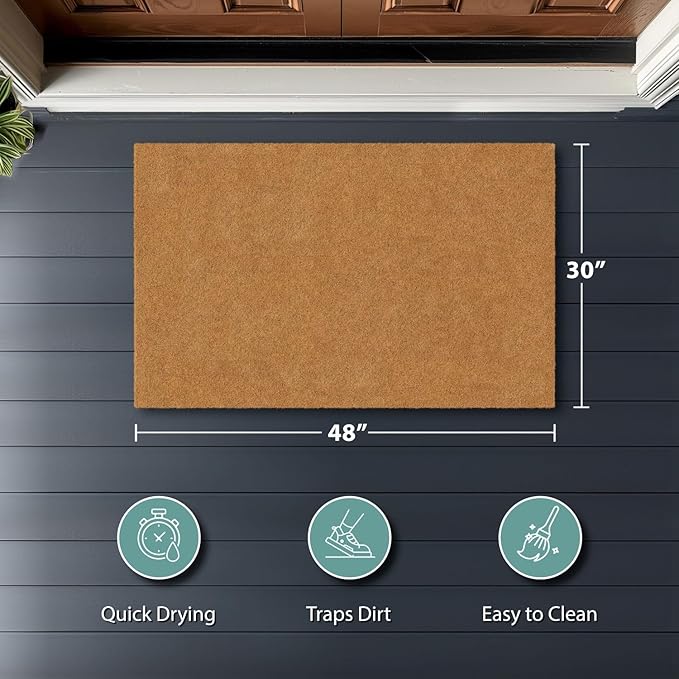 Barnyard Designs Natural Coco Coir Heavy Duty Backing Doormat - Large Cute Non-Slip Front Door Welcome Mat for Outside Entrance or Porch Entry, Brown (30x48, Plain Brown)