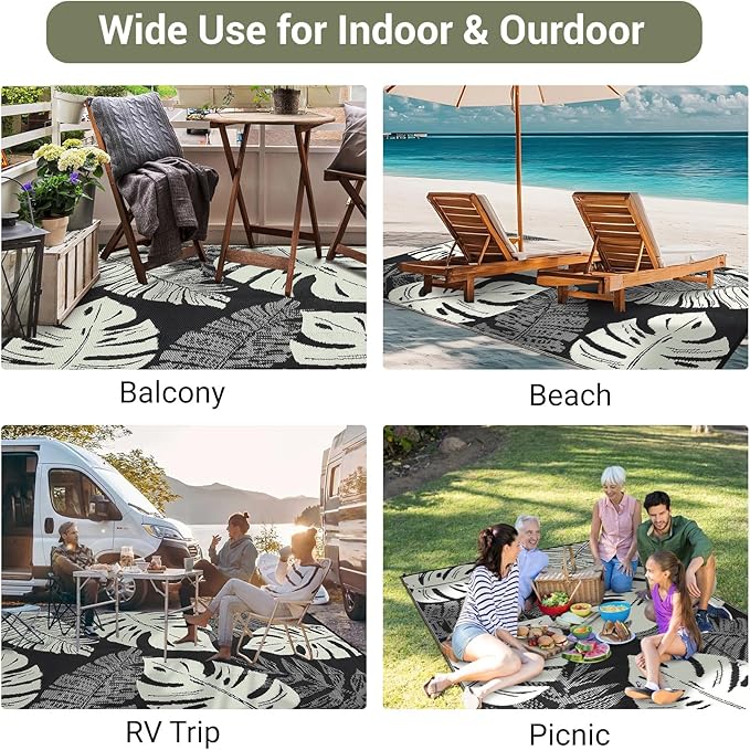 GAOMON Outdoor Rug Waterproof 9x18 Patio Rug Reversible Camping Mat, Foldable Portable Outdoor Plastic Straw Rugs RV Picnic Carpet with Bag & 4 Stakes, UV Resistant Outside Carpet for Deck Balcony