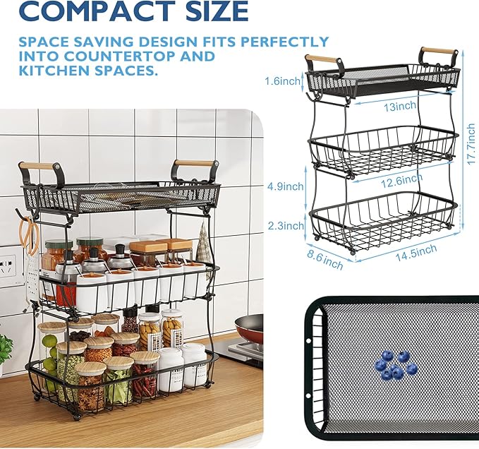 ANTOPY 3 Tier Fruit Basket with 2 Banana Hangers, Countertop Fruit Vegetable Basket Bowl for Kitchen Counter Metal Mesh Basket Fruits Stand Produce Holder Organizer for Onion Potato Bread Snack Veggie