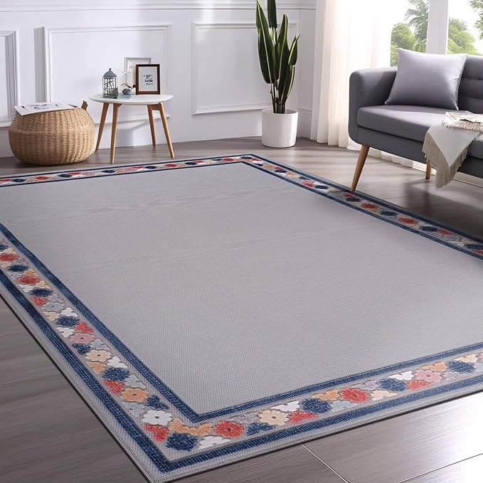 Beverly Rug Outdoor Rug 8x10 Modern Bordered Area Rugs for Indoor and Outdoor Patio Easy to Clean Non Shedding Living Room Porch Garden Washable Outside Carpet (8 x 10 Gray)