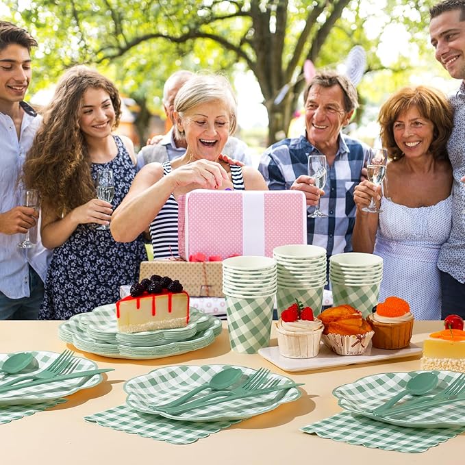 175 Pcs Sage Green Gingham Paper Plates and Napkins Party Supplies - Sage Green and White Checkered Plates Scalloped Plaid Plate for Birthday Dinner Picnic BBQ Party Decorations, Serve 25 Guests