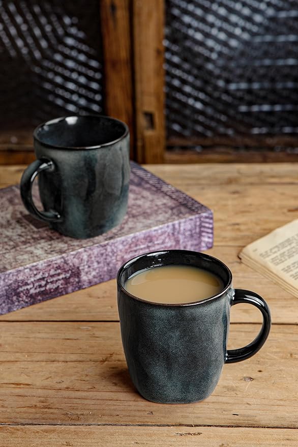 famiware Coffee Mugs Set of 4, Ocean Square 13oz Coffee Cup Set with Handle for Cocoa, Milk, Hot Chocolate, Stoneware Cups for Kitchen, Reactive Glaze, Microwave and Dishwasher Safe, Deep Forest