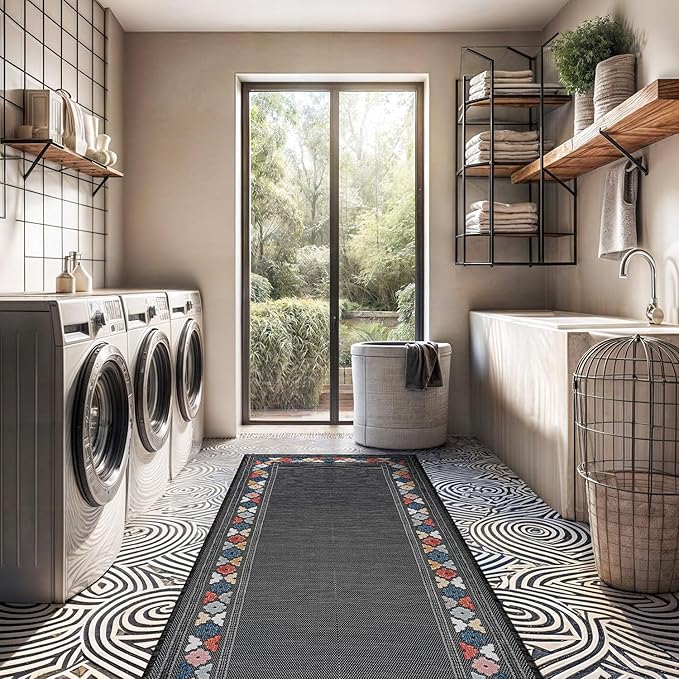 Beverly Rug Outdoor Runner Rug 2x7 Modern Floral Bordered Area Rugs for Indoor and Outdoor Patio Easy to Clean Non Shedding Living Room Porch Garden Washable Outside Carpet (2 x 7 Dark Gray)