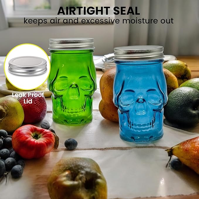 Generic 14 oz Colorful Skull Glass Mason Jar – Mix & Match 7 Vibrant Colors, Large & Durable! (Blue)