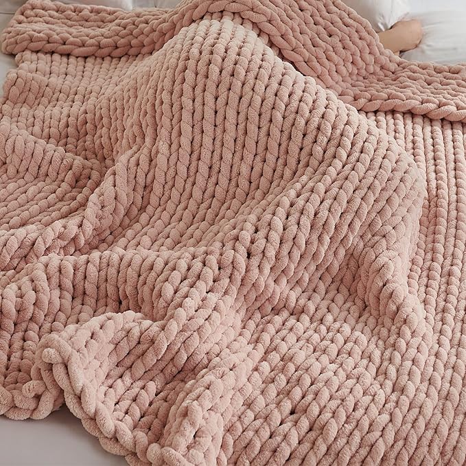 Esterra Chunky Knit Throw Blanket Newly Upgraded Heavy Tighter Version, Handmade Chenille Throw Super Soft, Thick Yarn Cable Knit Crochet Throw Blanket for Couch Bed Sofa, 50" x60, Coral Pink