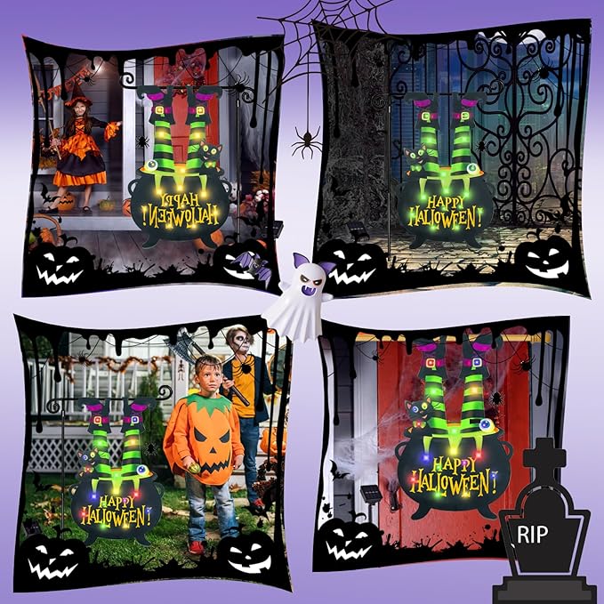 Halloween Lighted Garden Flag for Outside, Witch Feet Shape Flag Yard Decor, 8 Modes 28x40 Double Sided Cauldron Eyeball Black Cat Outdoor Hlloween Decorations for Home Porch(Multi Colored-28x40)