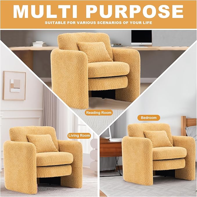 Chenille Accent Armchair Oversize Upholstered Barrel Comfy Modern Round Lounge Sofa Chair with Pillow Cozy Reading Chairs for Apartment,Office,Living Room,Dining,Makeup,Club,Yellow