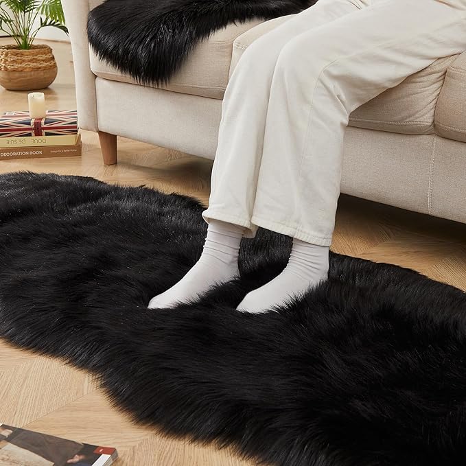AMTOVO Faux Sheepskin Rug, Black Ultra Soft Fluffy Shag Area Rug, 2 x 6 ft Faux Fur Rug for Bedroom Sofa Throw Cushion Room Decor, Sheepskin