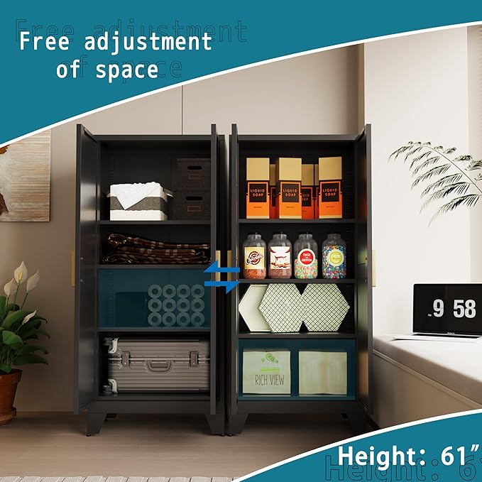 61" Tall Farmhouse Metal Pantry Cabinet, Kitchen Pantry Storage Cabinets with 2 Barn Door and Adjustable Shelves,Metal Pantry Storage Cabinet,for Kitchen,Laundry Room,Home Office,Kids Room (Black)