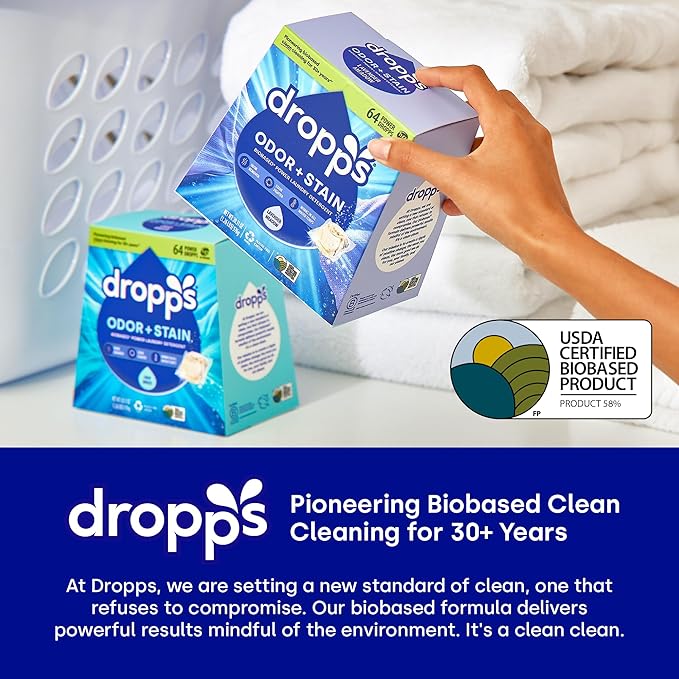 Dropps Odor & Stain Biobased Power Laundry Detergent Pods, Crisp Breeze (140 Pods) - HE Compatible Laundry Pods for Fresh Clothes - Laundry Soap Supplies & Recyclable Paperboard Packaging