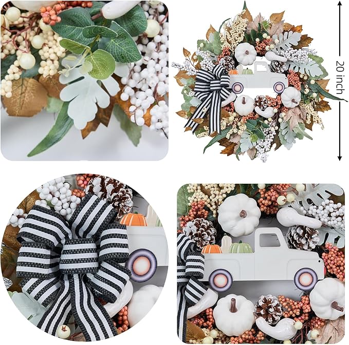 Fall Wreath for Front Door,20 inch White Pumpkin Door Wreath with Truck and Bow, Harvest Porch Decor, Fall Decoration Indoor Outdoor,