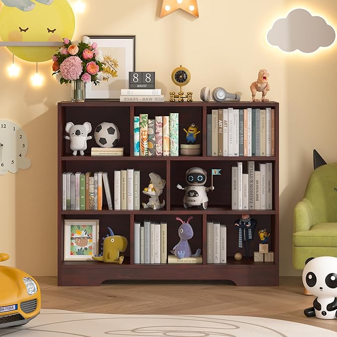 Book Shelf, 8 Cubes Storage Organizer, 3-Tier Open Shelf Wooden Bookcase, Freestanding Cherry Bookshelf Cube Shelf for Bedroom, Living Room