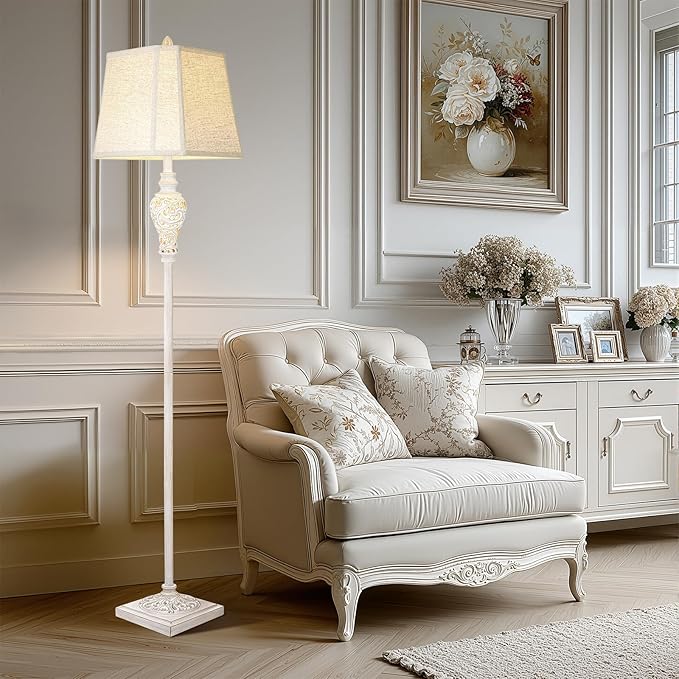Floor Lamp for Living Room, Vintage Standing Lamp with Nightlight, 65" Tall Lamp with White Linen Shade, Farmhouse Rustic Floor Lamp for Bedroom, Office, Corner (LED Bulb Included)