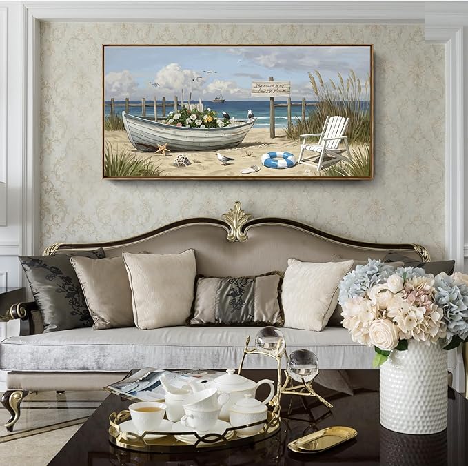 amatop Large Framed Wall Art for Living Room Nautical Beach Canvas Print Blue Flower Boat on Sandy Shore Ocean Seaside Landscape Coastal Artwork with Sea Birds Rustic Bedroom Office Home Decor 48×24 Inch
