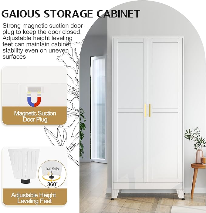 71" Tall Metal Storage Cabinet with 2 Doors and 4 Adjustable Shelves, Kitchen Pantry Cabinet White Freestanding Cupboard, 5 Tier Multifunctional Steel Storage for Office, Kitchen, Dining Room