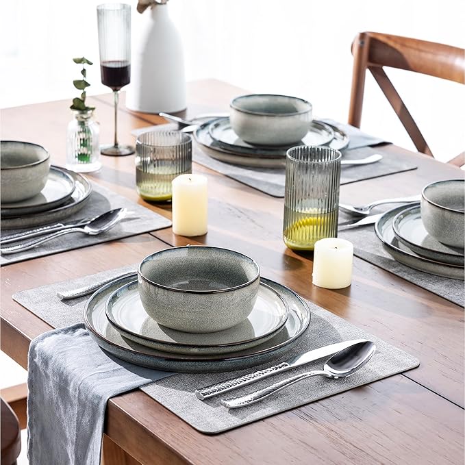 GBHOME Ceramic Dinnerware Sets for 12, 36 Pieces Stoneware Plates and Bowls Sets, Reactive Glaze Dishes -Scratch Resistant, Dishwasher&Microwave Safe, Green Wheat