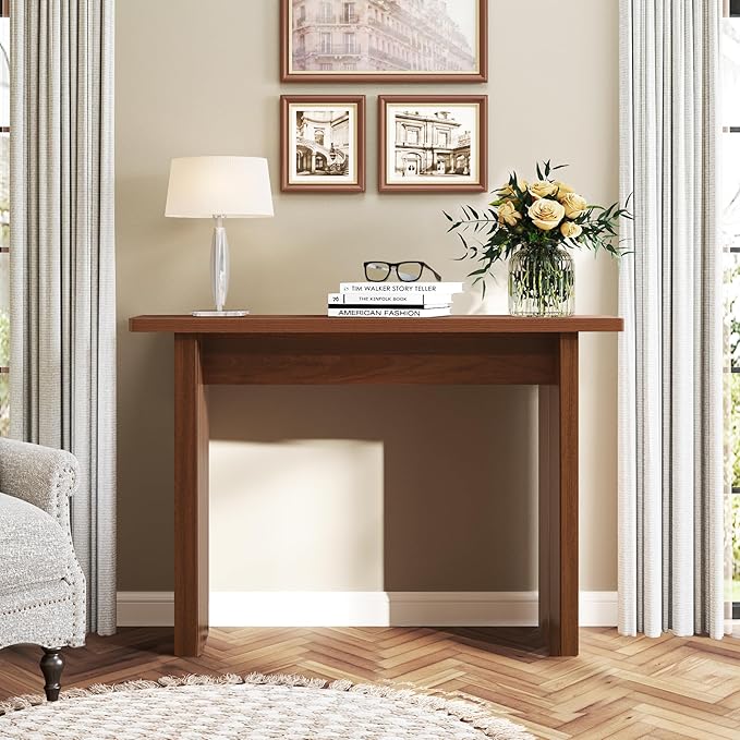 AVZEAR Mid Century Narrow Entryway Console Table, 43.3" Fluted Wood Couch Table Behind Sofa Long and Skinny for Living Room Hallway Entrance Foyer, Walnut