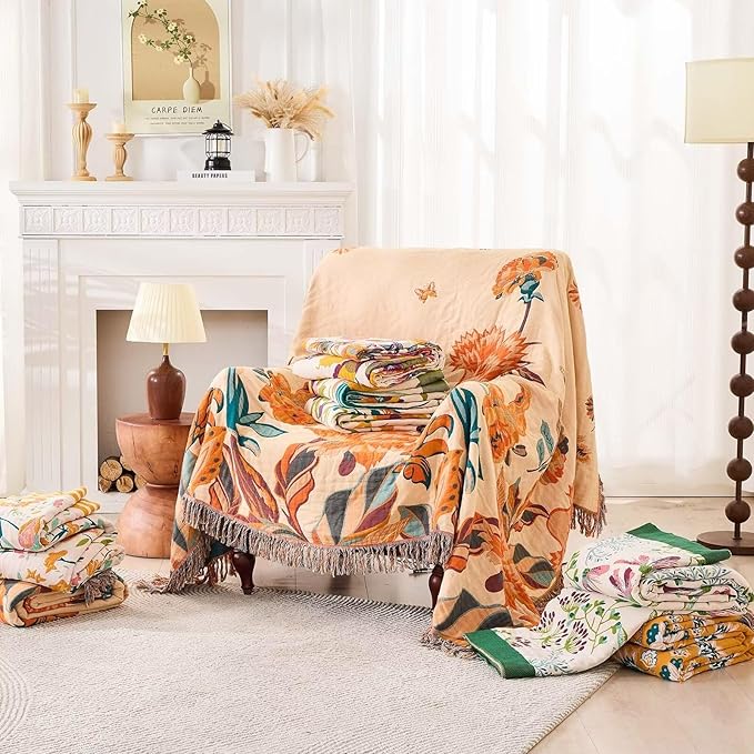 Boho Throw Blanket, 100% Cotton Ultra Soft Luxury Throw Rustic Quilt, Floral Printed Farmhouse Decor Bed Summer Blankets, All Season Rustic Reversible Bohemian Throw for Bed (90"x98" Yellow