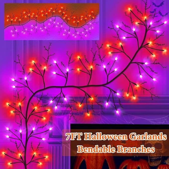 7 Ft Halloween Decorations Willow Vine Twig Garland with 8 Modes Timer 63 LED Orange Purple Lights, Halloween Garland with Waterproof Battery Operated for Wall Fireplace Decorations Indoor Outdoor