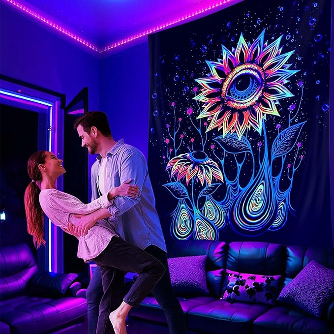 ADDWel Blacklight Sunflower Tapestry, Hippie Eye Tapestry Glow In The Dark, UV Reactive Black Light Upright Posters Wall Hanging for Bedroom Dorm Living Room Backdrop Decor