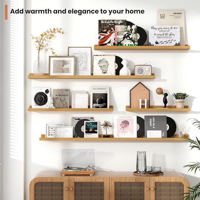 Fun Memories Picture Ledge Shelves Set of 2, 32 Inch Rustic Wall Mounted Floating Shelves with Lip for Home Storage and Décor in Bathroom, Kitchen, Nursery, Bedroom, Living Room, Oak