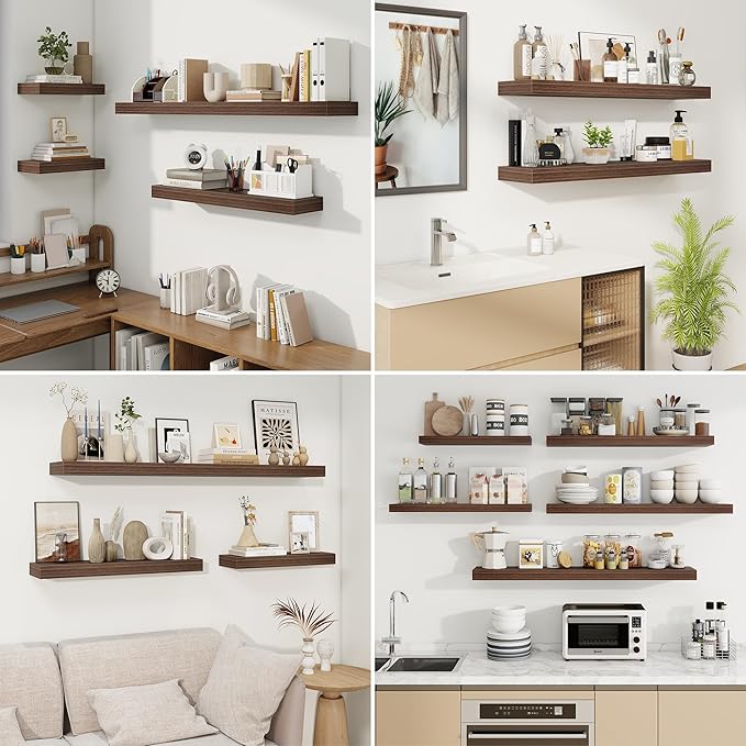 fuqing Floating Shelves for Wall, Bathroom Shelf Wall Mounted for Storage, Shelves with Invisible Bracket for Bedroom, Kitchen, Living Room, Farmhouse Small Book Shelf, 16 Inch Set of 2, Walnut