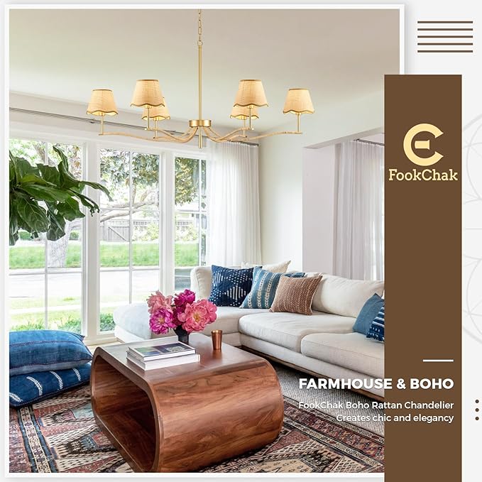 6 Light Boho Rattan Chandelier 44'' Brass Gold Chandelier Light Fixture Hand Woven Dining Room Chandeliers for Entryway Bedroom Living Room Bathroom