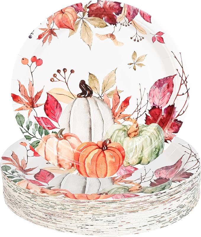 AllReal Fall Pumpkins Paper Plates Rustic Pumpkin Leaves Disposable Party Plate 7" Thanksgiving Autumn Dessert Plate for Birthday Baby Shower Party Supplies Table Decor (24)