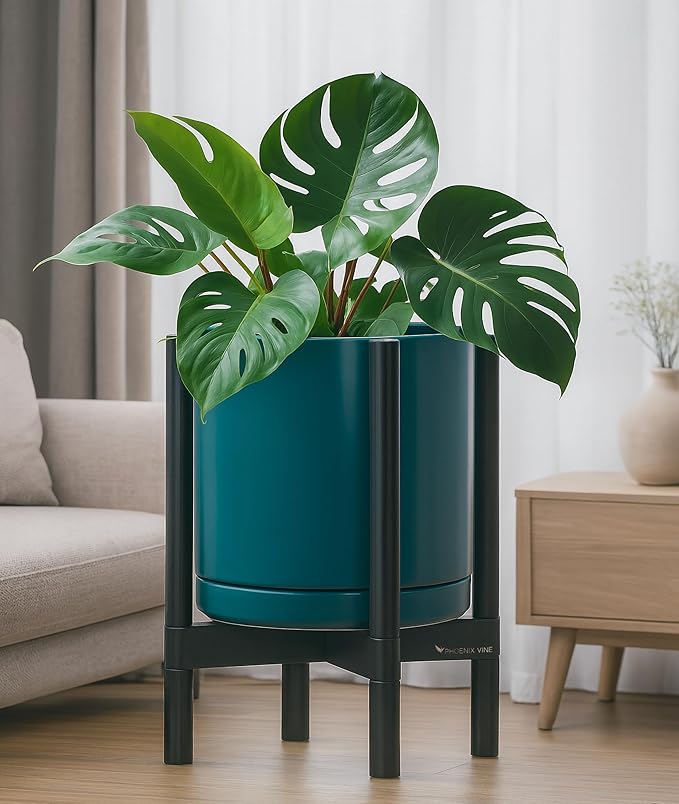 D'vine Dev Ceramic Planter with Ebony Stand - 12 Inch Modern Round Flower Pot with Wood Planter Holder, Teal, 55-B-H-4