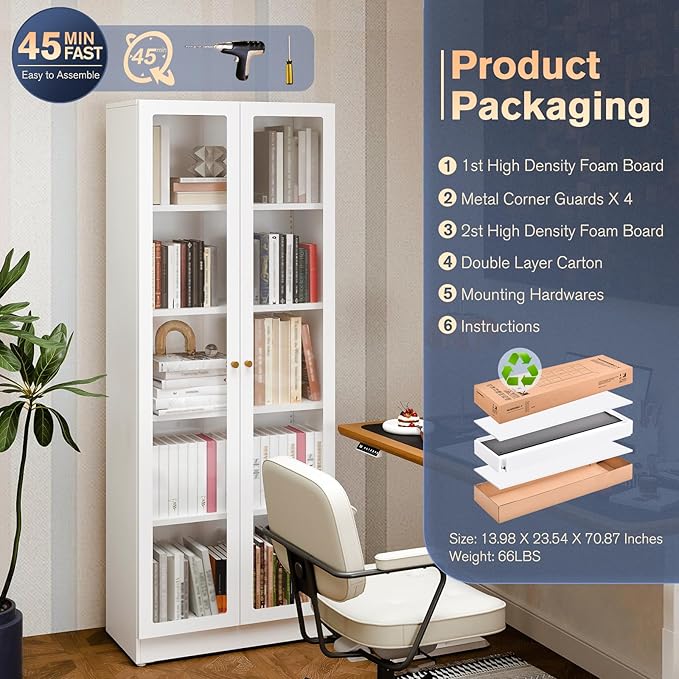 5 Tier Metal Curio Cabinets, Modern Bookshelf Cabinet with 4 Adjustable Shelves, Cabinet Display Case for Home Office, Living Room, Pantry (White-27.5W)